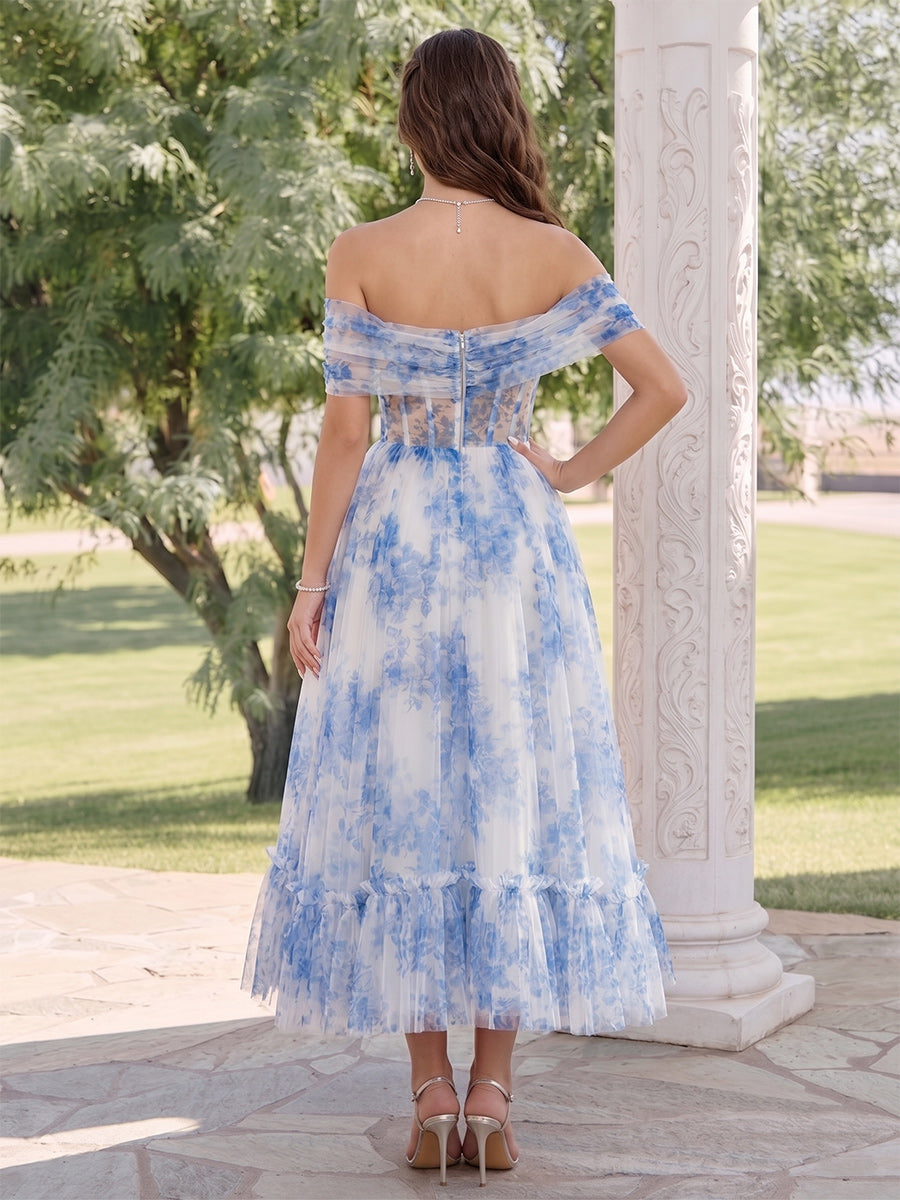 A-Line/Princess Off the Shoulder Short Sleeves Tea-Length Wedding Guest Dresses with Ruched & Pleats