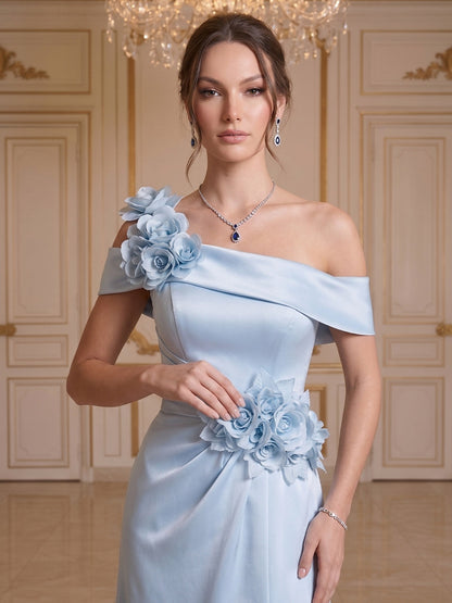 A-Line/Princess Off-The-Shoulder Sleeveless Floor-Length Evening Dresses with 3D Floral & Pleated