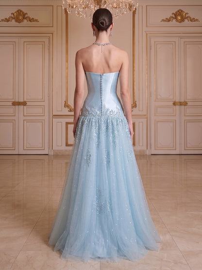 A-Line/Princess Strapless Sleeveless Floor-Length Evening Dresses with Applique & Beading