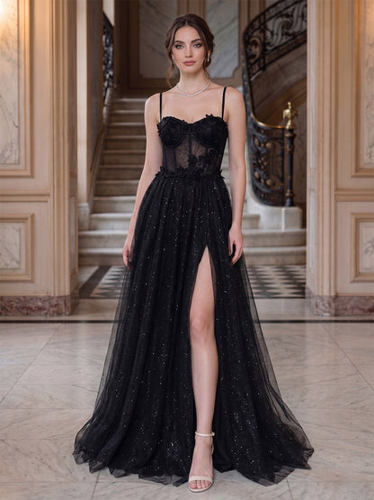 A-Line/Princess Spaghetti Straps Sleeveless Floor-Length Evening Dresses with Applique & Lace