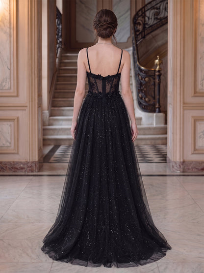 A-Line/Princess Spaghetti Straps Sleeveless Floor-Length Evening Dresses with Applique & Lace