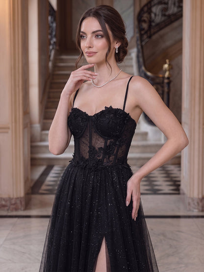 A-Line/Princess Spaghetti Straps Sleeveless Floor-Length Evening Dresses with Applique & Lace