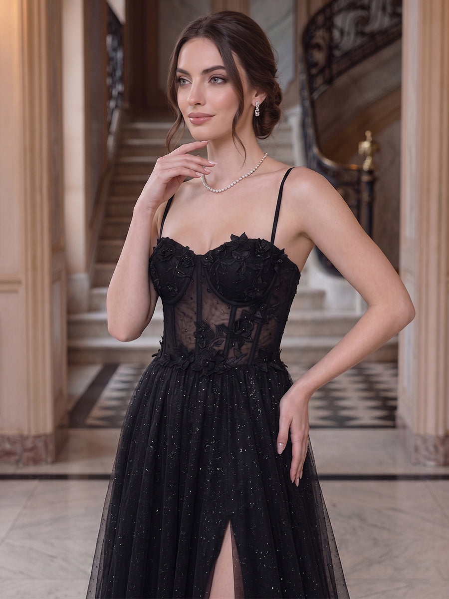 A-Line/Princess Spaghetti Straps Sleeveless Floor-Length Evening Dresses with Applique & Lace