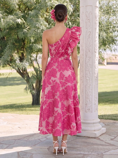 A-Line/Princess One-Shoulder Sleeveless Ankle-Length Wedding Guest Dresses with Ruched & Ruffles