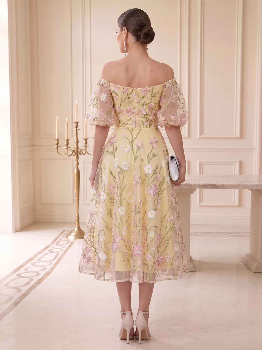 A-Line/Princess Strapless Puff Sleeves Tea-Length Wedding Guest Dresses with Applique & Lace