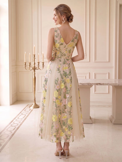 A-Line/Princess V-Neck Sleeveless Ankle-Length Wedding Guest Dresses with Embroidery