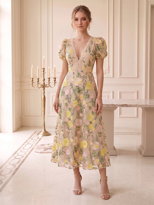 A-Line/Princess V-Neck Puff Sleeves Tea-Length Wedding Guest Dresses with Embroidery