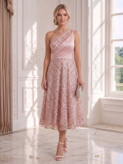 A-Line/Princess One-Shoulder Sleeveless Tea-Length Wedding Guest Dresses with Ruched & Sequins