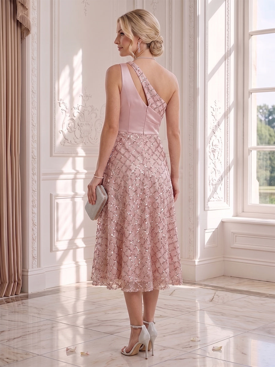 A-Line/Princess One-Shoulder Sleeveless Tea-Length Wedding Guest Dresses with Ruched & Sequins