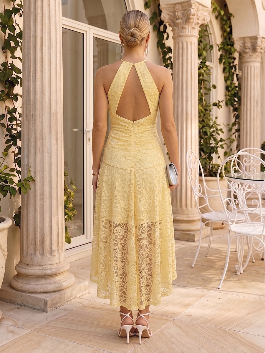 A-Line/Princess Halter Sleeveless Asymmetrical Wedding Guest Dresses with Lace & Keyhole