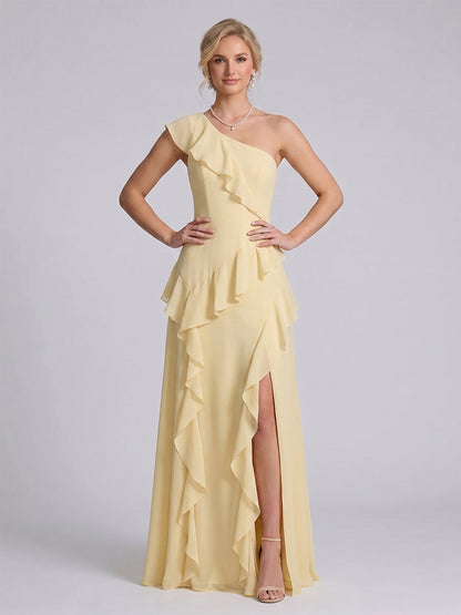 A-Line/Princess One-Shoulder Sleeveless Floor-Length Bridesmaid Dresses with Ruffles & Split Side