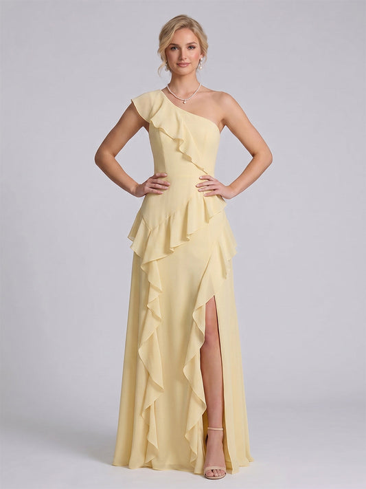 A-Line/Princess One-Shoulder Sleeveless Floor-Length Bridesmaid Dresses with Ruffles & Split Side