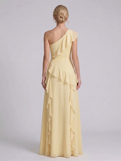 A-Line/Princess One-Shoulder Sleeveless Floor-Length Bridesmaid Dresses with Ruffles & Split Side