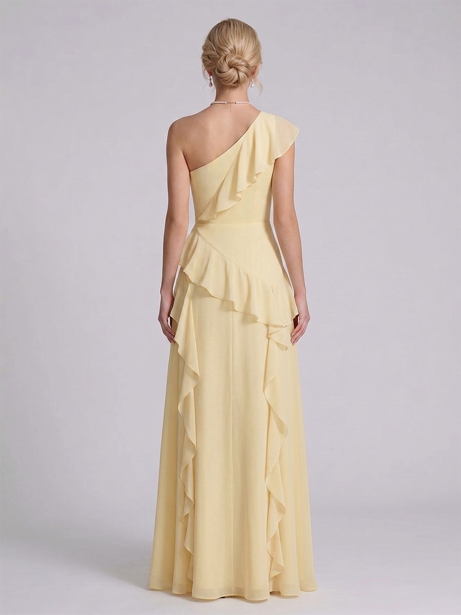 A-Line/Princess One-Shoulder Sleeveless Floor-Length Bridesmaid Dresses with Ruffles & Split Side