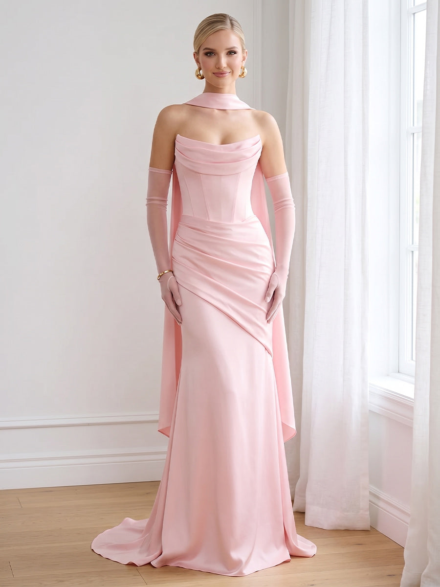 Trumpet/Mermaid Strapless Sleeveless Floor-Length Bridesmaid Dresses with Scarf & Ruched