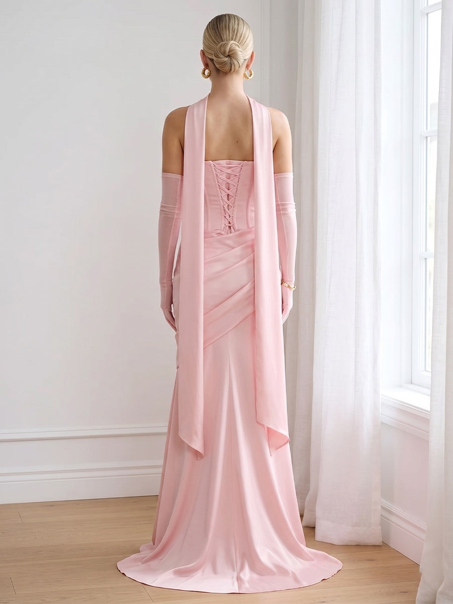 Trumpet/Mermaid Strapless Sleeveless Floor-Length Bridesmaid Dresses with Scarf & Ruched