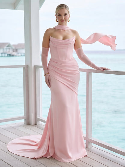 Trumpet/Mermaid Strapless Sleeveless Floor-Length Plus Size Bridesmaid Dresses with Scarf & Ruched
