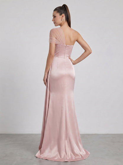 Sheath/Column Asymmetrical One-Shoulder Long Bridesmaid Dresses With Pleated & Split Side