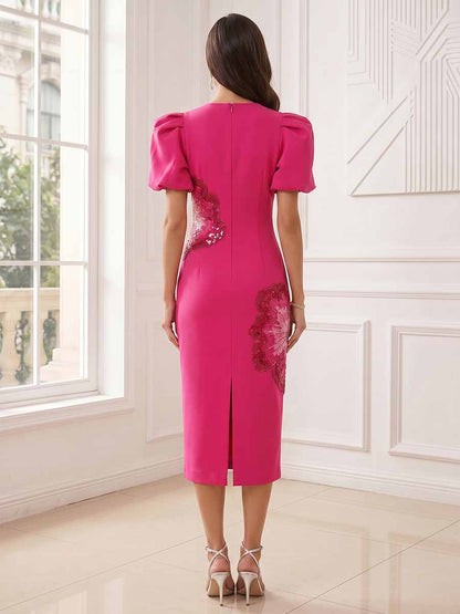 Sheath/Column Scoop Puff Sleeves Tea-Length Cocktail Dresses With Flower