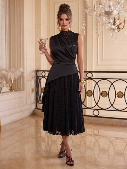 A-Line/Princess High Neck Sleeveless Asymmetrical Cocktail Dresses With Pleats & Lace