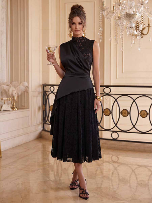 A-Line/Princess High Neck Sleeveless Asymmetrical Cocktail Dresses With Pleats & Lace