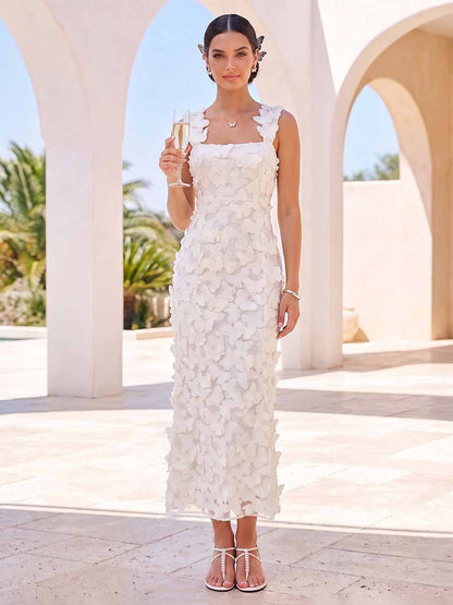 Sheath/Column Square Neck Sleeveless Ankle-Length Cocktail Dresses With 3D Floral