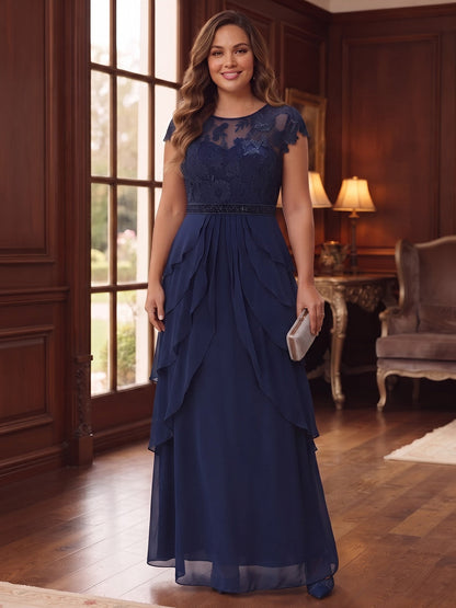 A-Line/Princess Scoop 3/4 Sleeves Chiffon Floor-Length Plus Size Mother of the Bride Dresses With Appliques & Lace