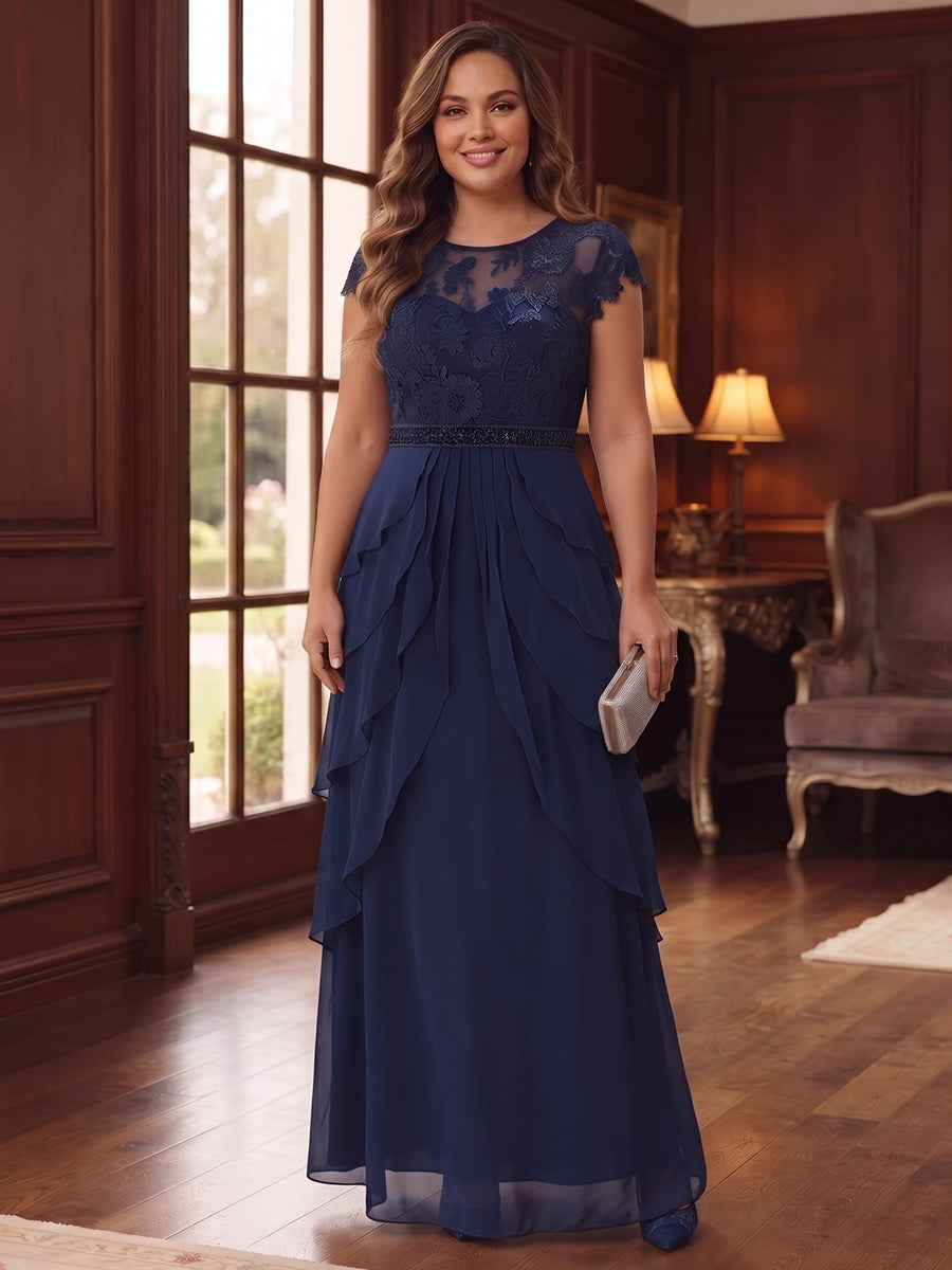 A-Line/Princess Scoop 3/4 Sleeves Chiffon Floor-Length Plus Size Mother of the Bride Dresses With Appliques & Lace