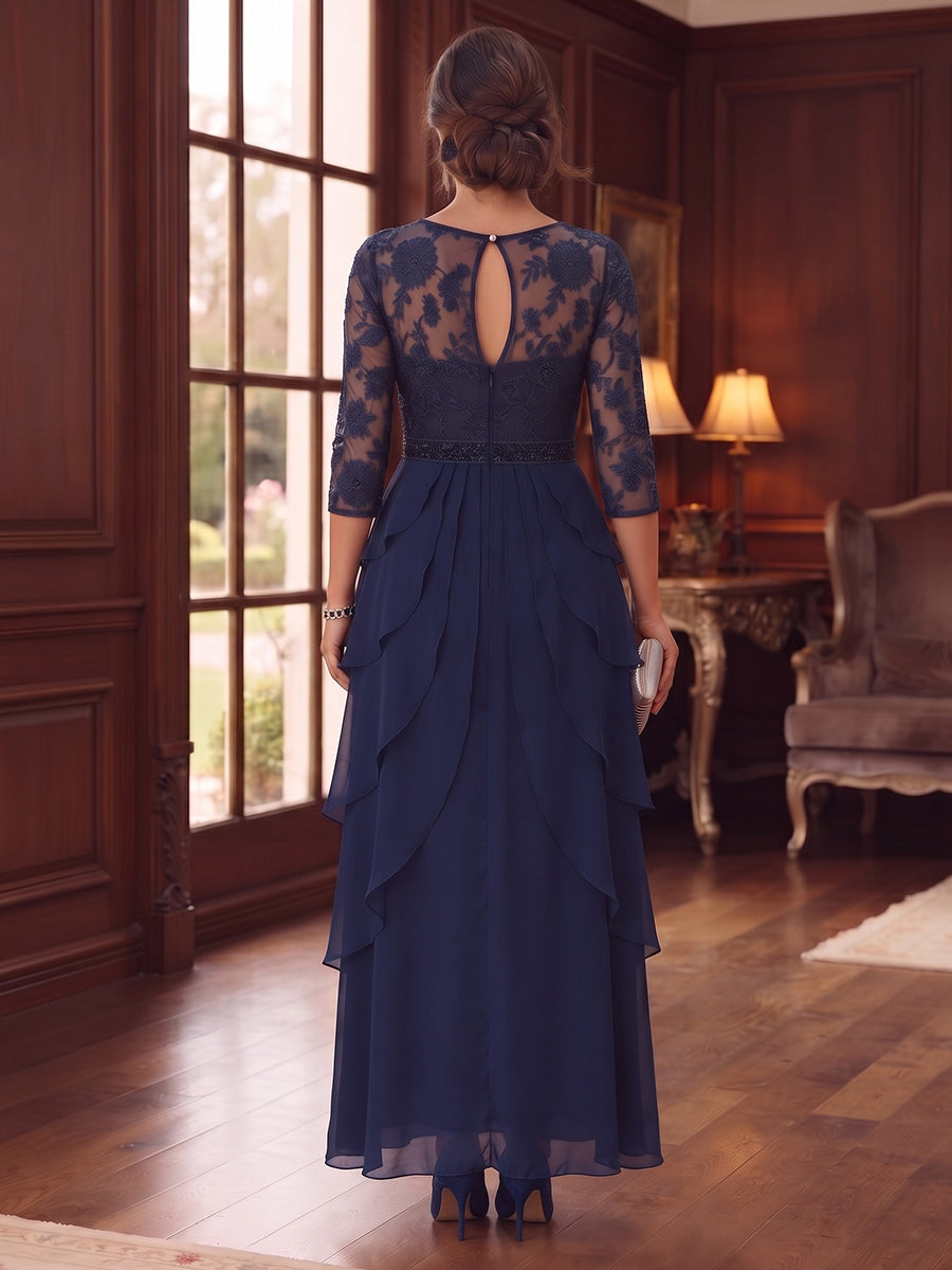 A-Line/Princess Scoop 3/4 Sleeves Chiffon Floor-Length Plus Size Mother of the Bride Dresses With Appliques & Lace