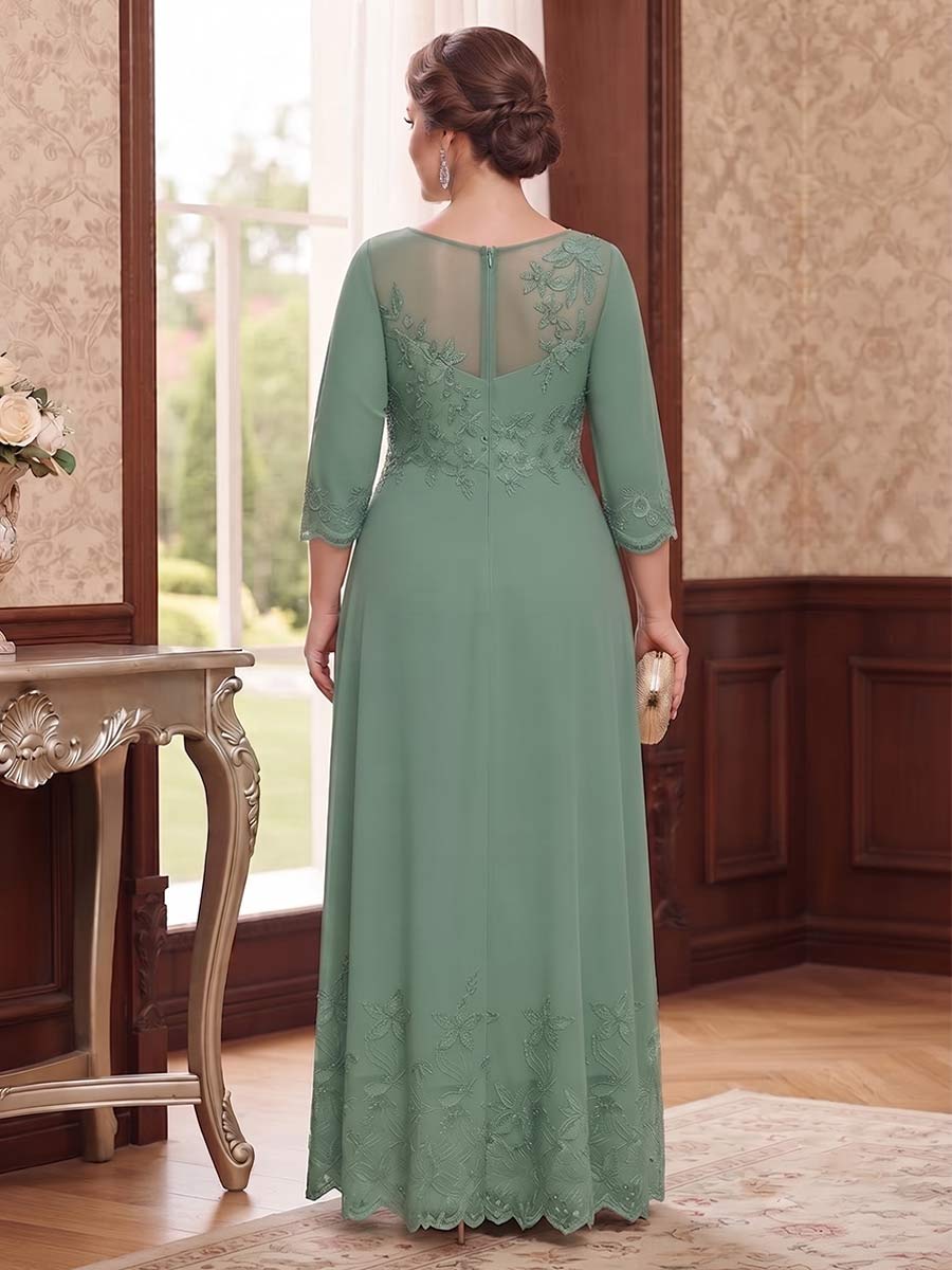 A-Line/Princess 3/4 Sleeves Scoop Ankle-Length Plus Size Mother Of The Bride Dresses With Embroidery & Lace
