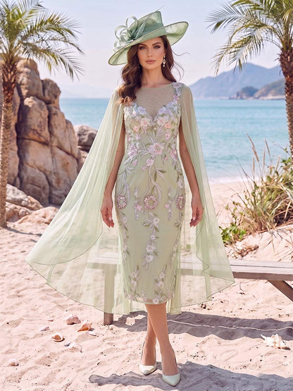 Sheath/Column Scoop Sleeveless Knee-Length Mother of the Bride Dresses with Applique & Cape
