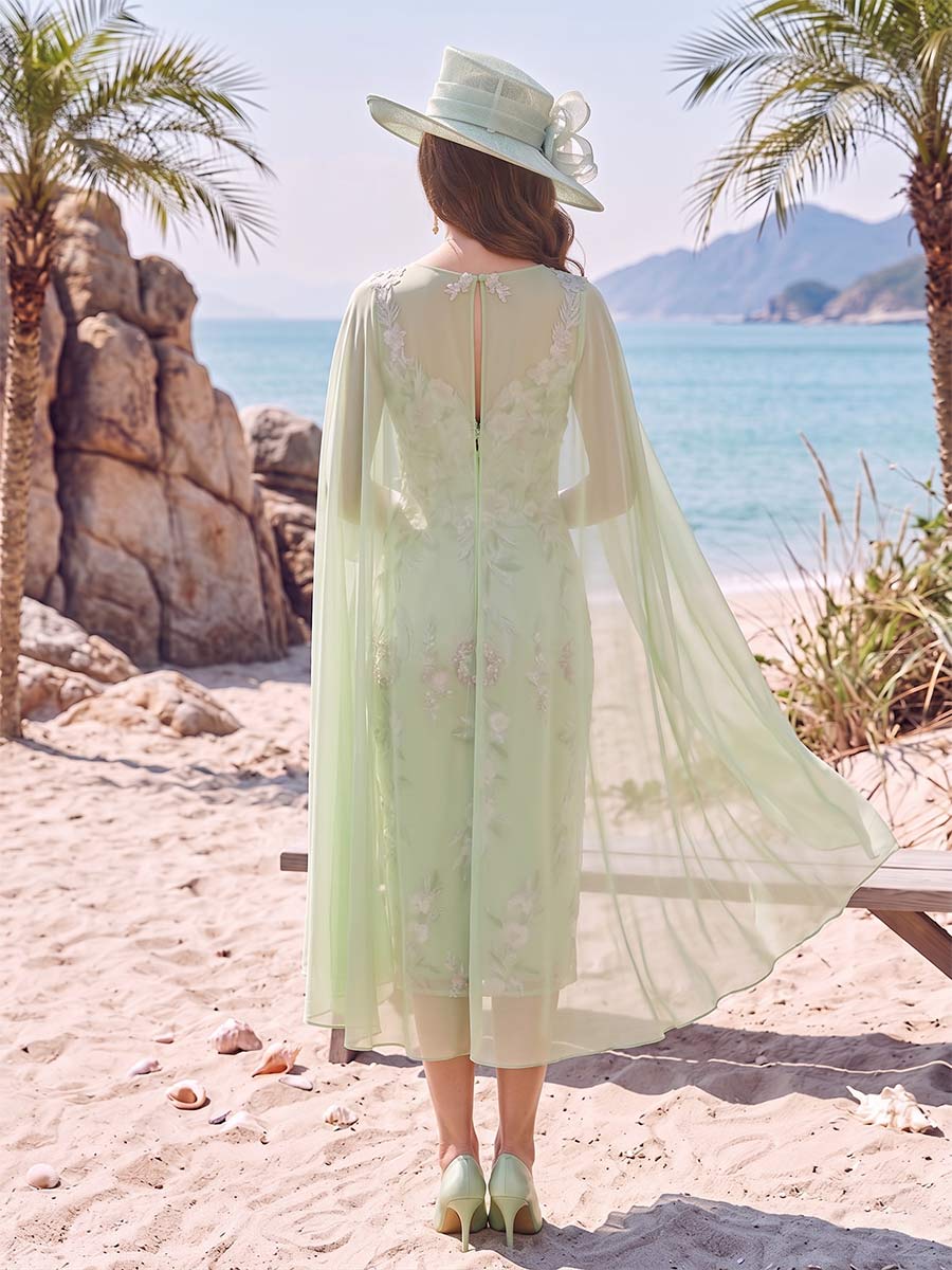 Sheath/Column Scoop Sleeveless Knee-Length Mother of the Bride Dresses with Applique & Cape