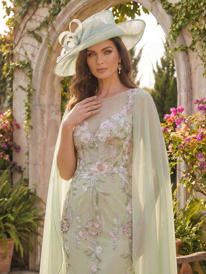 Sheath/Column Scoop Sleeveless Knee-Length Mother of the Bride Dresses with Applique & Cape
