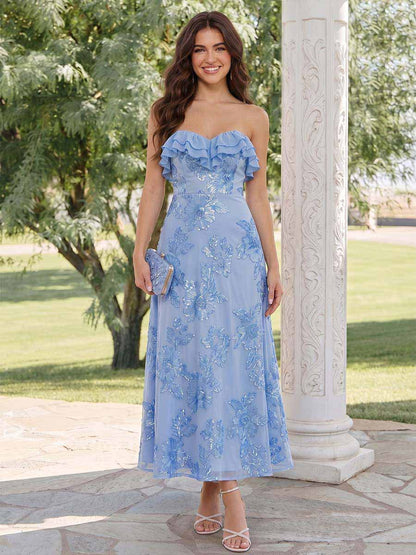 A-Line/Princess Strapless Sleeveless Ankle-Length Wedding Guest Dresses with Ruffles & Applique
