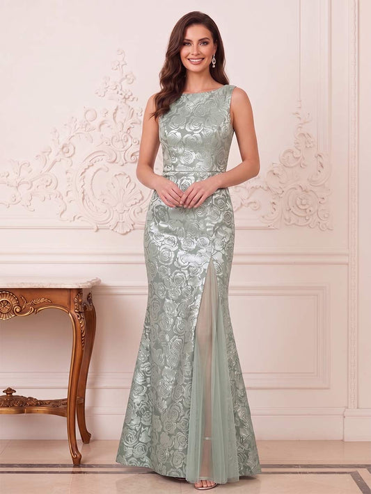Trumpet/Mermaid Boat Neck Sleeveless Floor-Length Mother of the Bride Dresses with Lace & Split Side