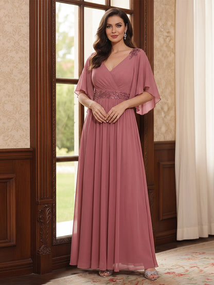 A-Line/Princess V-Neck Half Sleeves Floor-Length Mother of the Bride Dresses with Ruffles & Appliques