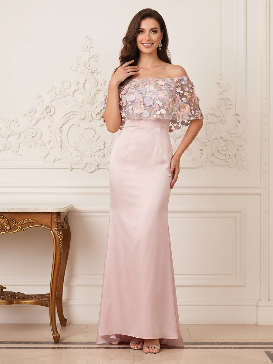 Trumpet/Mermaid Off the Shoulder Half Sleeves Floor-Length Mother of the Bride Dresses with Applique & 3D Floral