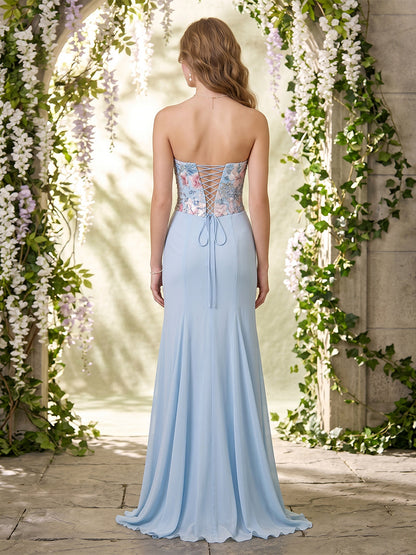 A-Line/Princess Strapless Sleeveless Floor-Length Evening Dresses with Embroidery