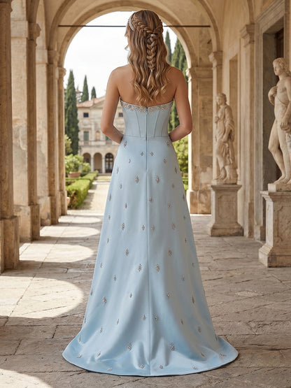A-Line/Princess Strapless Sleeveless Floor-Length Evening Dresses with Embroidery & Rhinestone
