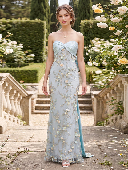 Sheath/Column Strapless Sleeveless Floor-Length Evening Dresses with Bowknot & 3D Floral