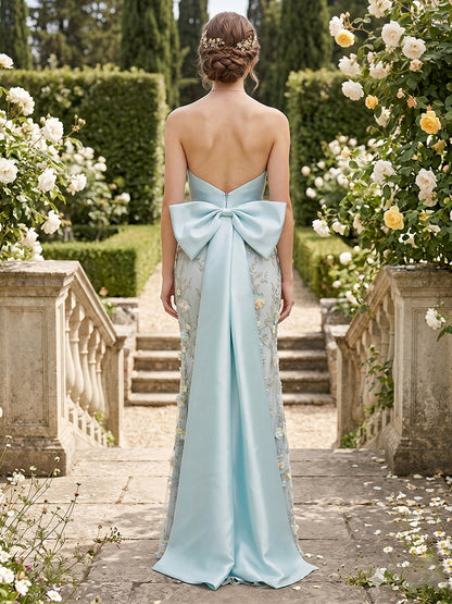 Sheath/Column Strapless Sleeveless Floor-Length Evening Dresses with Bowknot & 3D Floral