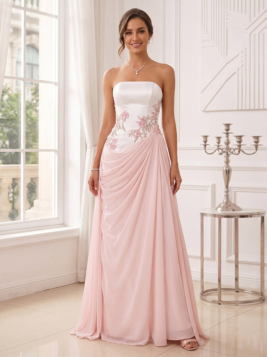 Sheath/Column Strapless Sleeveless Floor-Length Evening Dresses with Applique & Pleats