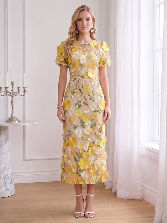 Sheath/Column Scoop Short Sleeves Ankle-Length Wedding Guest Dresses with Embroidery & 3D Floral