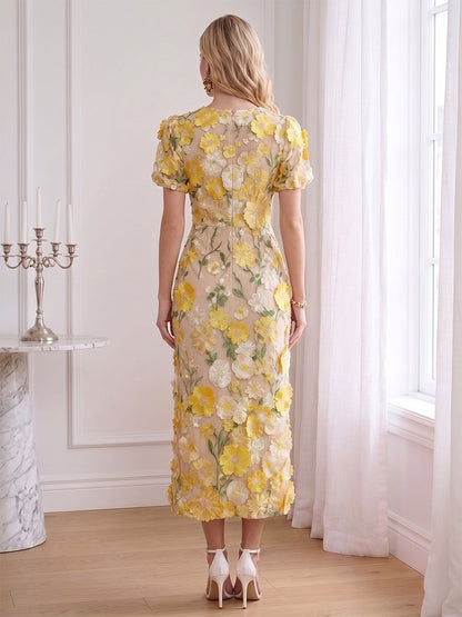 Sheath/Column Scoop Short Sleeves Ankle-Length Wedding Guest Dresses with Embroidery & 3D Floral