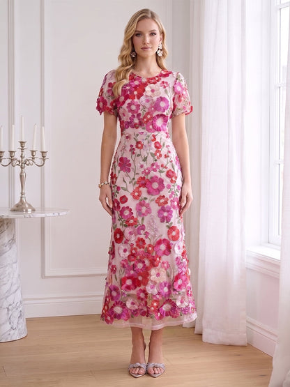 Sheath/Column Scoop Short Sleeves Ankle-Length Wedding Guest Dresses with Embroidery & 3D Floral
