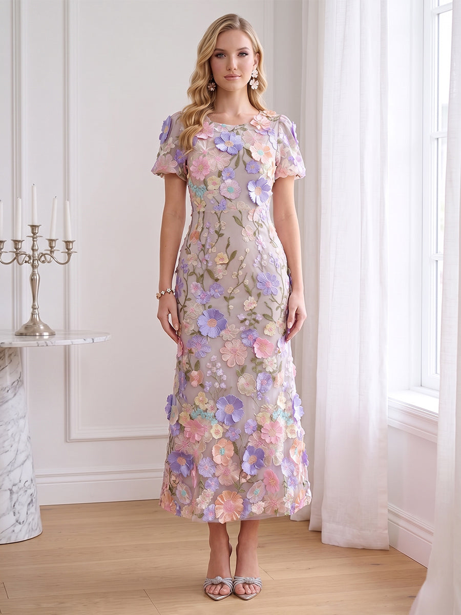Sheath/Column Scoop Short Sleeves Ankle-Length Wedding Guest Dresses with Embroidery & 3D Floral