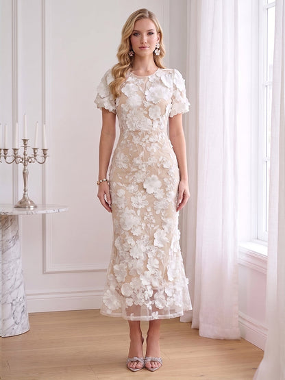Sheath/Column Scoop Short Sleeves Ankle-Length Wedding Guest Dresses with Embroidery & 3D Floral