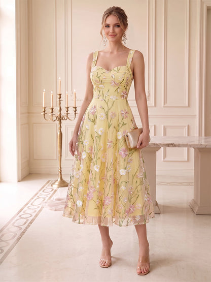A-Line/Princess Sweetheart Sleeveless Tea-Length Wedding Guest Dresses with Applique & Lace