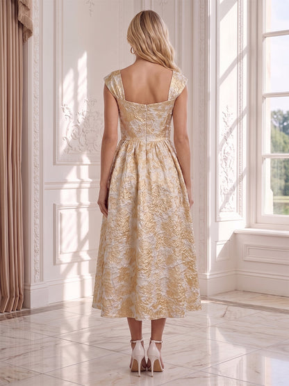 A-Line/Princess Square Neck Sleeveless Tea-Length Wedding Guest Dresses with Applique & Ruched