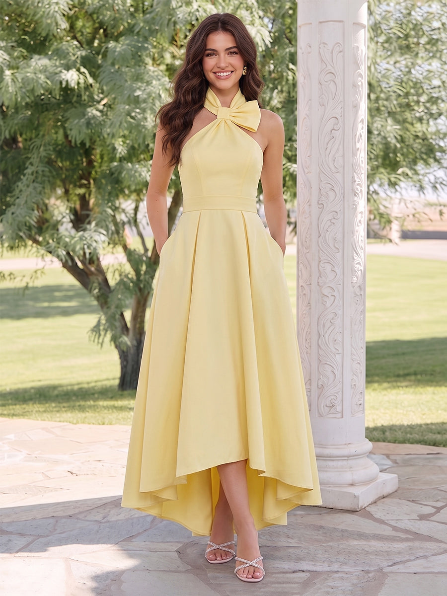 A-Line/Princess Halter Sleeveless Asymmetrical Wedding Guest Dresses with Bowknot & Ruched
